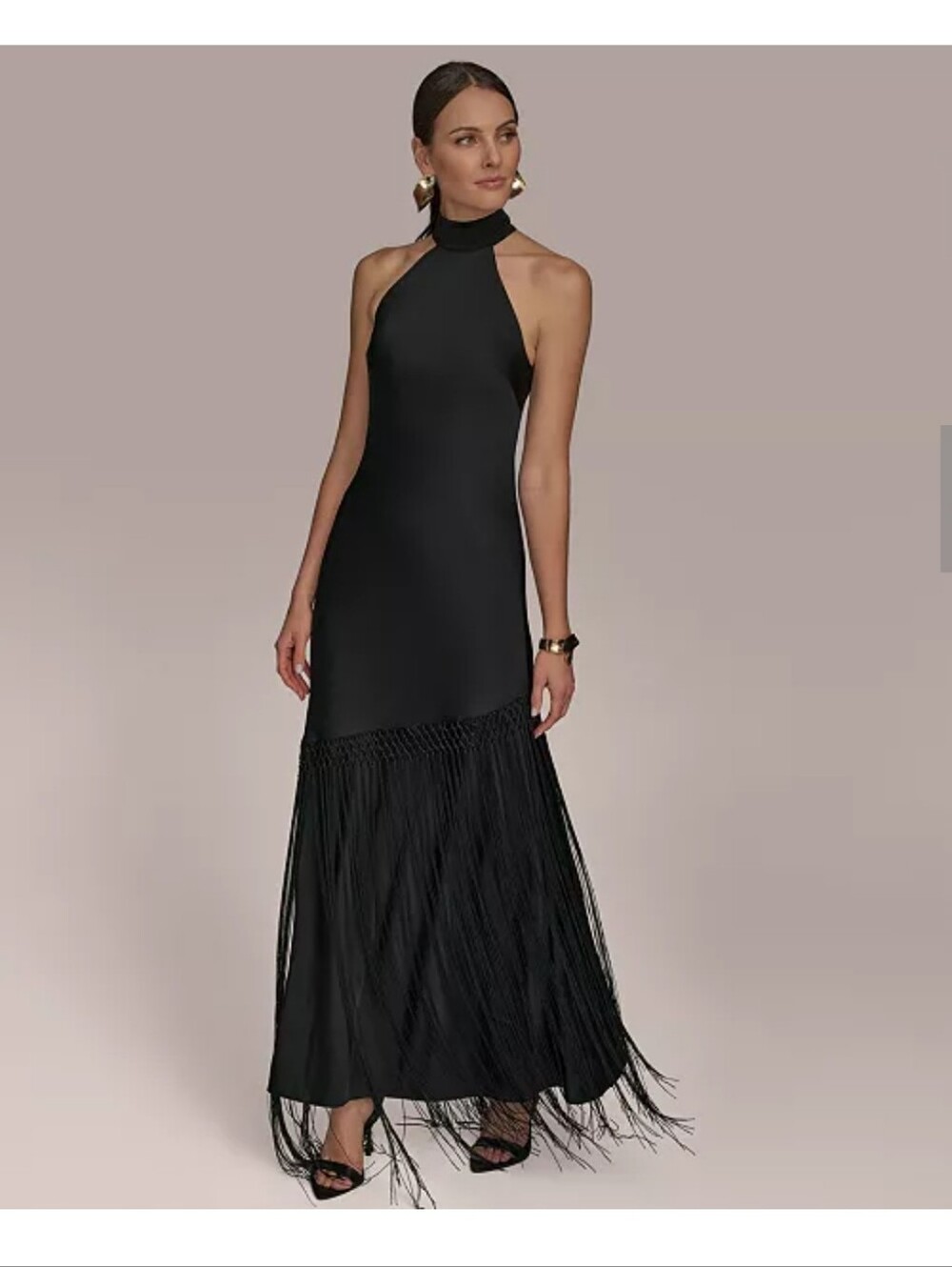 Donna Karan New York Black Halter Fringe Maxi Dress Size 12 NWT MSRP $389 Party - Picture 2 of 10